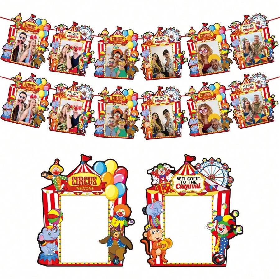 Set de decoración para fiesta de cumpleaños con temática de circo, que incluye banderas de remolque con payaso, elefante y otros elementos, etiquetas, cuerdas y adhesivos, y materiales para decoración de pared de fotos de carnaval