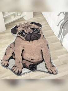 New Adorable Pug Dog Shaped Area Rug, Fluffy High Pile Polyester Non-Slip Mat, Machine Washable Vinyl-Backed Entryway Bedroom Rug, Indoor Pet-Friendly Creative Thick Carpet - Machine Made Asymmetric Shaped Rug