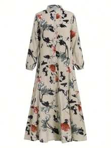 Vestido kaftan árabe con estampado floral, manga larga, abotonadura sencilla y volante en el dobladillo, modesto