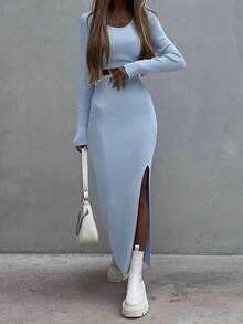 2pcs Knit Crew Neck Top And Split Skirt Set - Blue - View 3