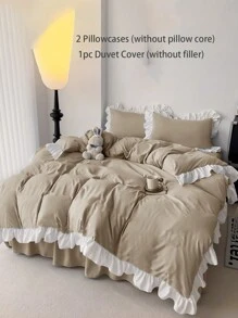 3pcs Khaki Ruffle Soft & Comfortable Bedding Set, Suitable For Bedroom & Guest Room - Khaki - View 9