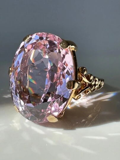 1pc Fashion New Gold-Plated Inlaid Extra Large Pink Cubic Zirconia Ring, Engagement Gift Jewelry Suitable For Men And Women, For Family/Friends/Lovers