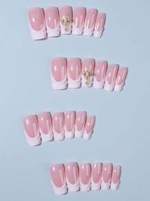 24片Y2K风格3D凝胶美甲贴纸，方形金属十字架设计，仿珍珠装饰，法式美甲贴套装，包含1瓶果冻凝胶和1把指甲锉，适合女性和女孩日常佩戴及派对场合。 - 彩色 - 查看 3