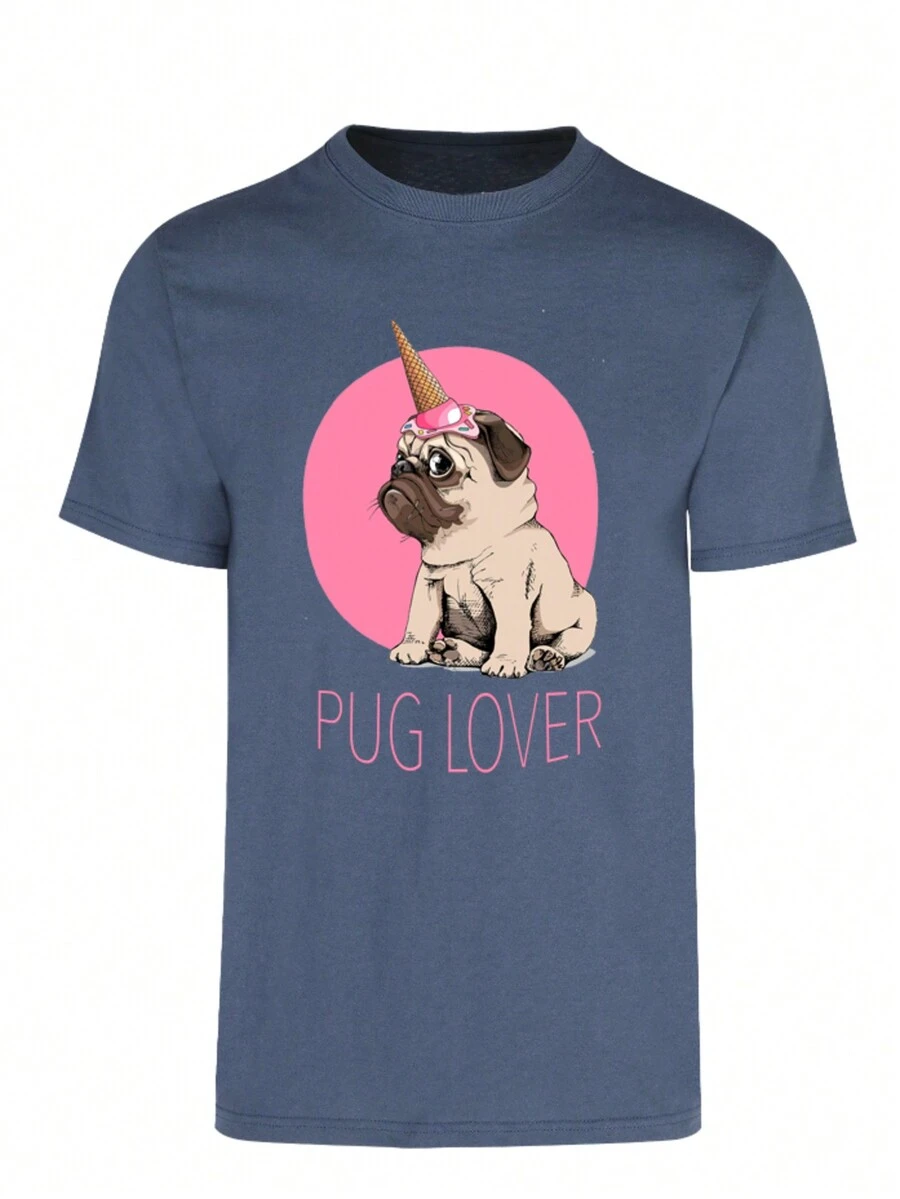 CAMISETA / PLAYERA PUG CON HELADO VARIAS TALLAS Y COLORES BLANCA, AZUL, ROSA, BEIGE - Azul - Ver 1