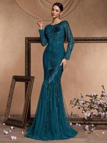 XUIBOL Sequin Mesh Mermaid Hem Evening Gown - Teal Blue - View 4