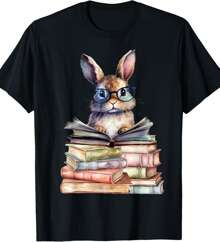 Cute Reading Bunny With Glasses Books Bookworm Reader Book T-Shirt - Black - View 1