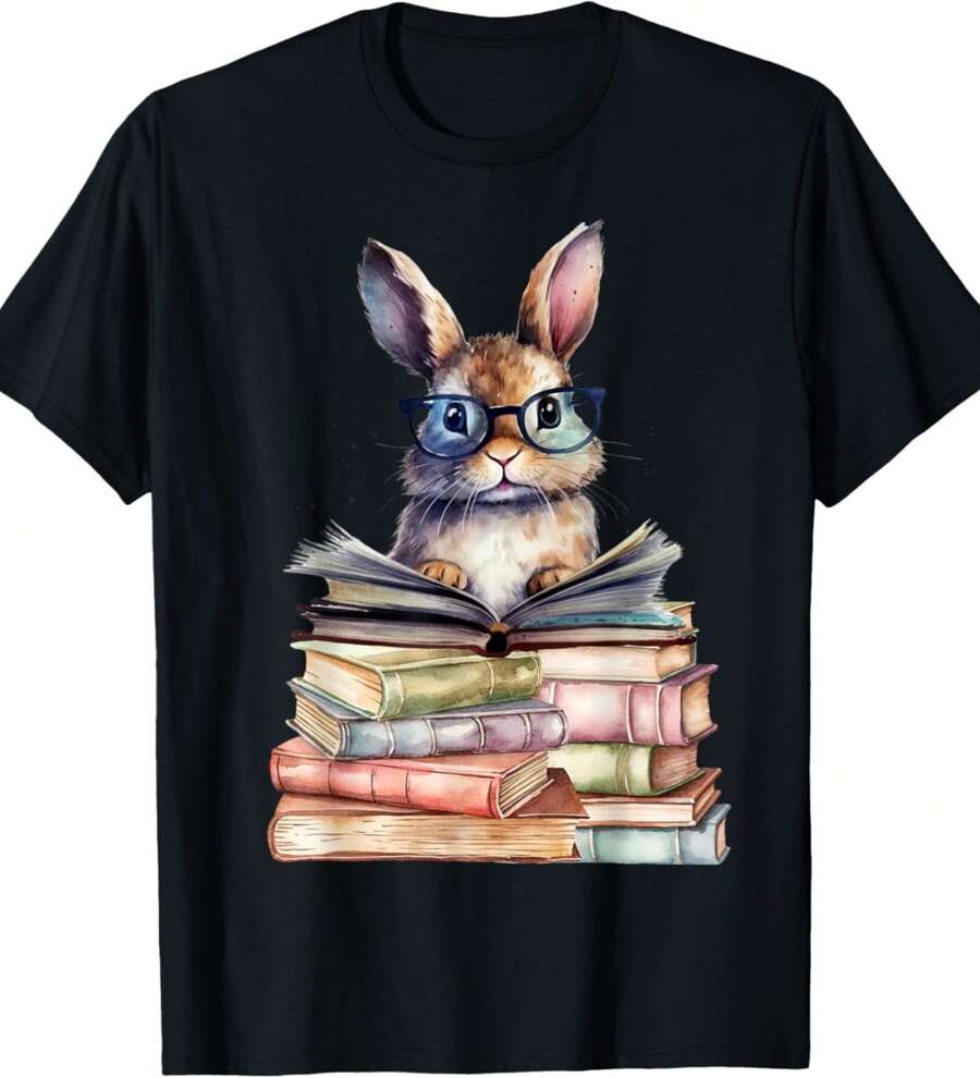 Cute Reading Bunny With Glasses Books Bookworm Reader Book T-Shirt - Black - View 1