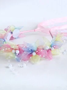1件渐变花朵发箍，网状珍珠链发圈，女孩和儿童发饰 - 彩色 - 查看 2