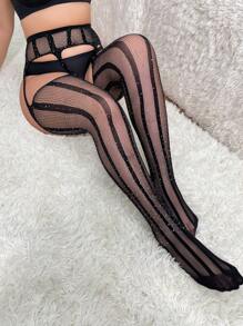 1 Pair Plus Size Highly Elastic Y2K Style Black Fishnet Stockings With Rhinestones, Suitable For Daily Wear