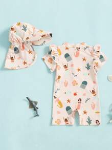 Toddler Girls Rash Guard Swimsuit Playsuits Short Sleeve Mermaid/Shell Print Kids Bathing Suit With Swim Cap - Apricot - View 4