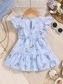 Baby Girl Spring Blue Round Neck Backside Button Cap Sleeve Floral All-Over Print Dress - Blue - View 2