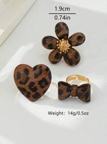 3 Stück übertrieben breite Ringe mit niedlichen Blasenblumen, Herzen, Schleifen und einzigartigem Leopardendruck Acryl mit Holzmaserung, vielseitiger Alltagsstil für Frauen, Feiern und Geschenke für die Freundin am Valentinstag (Leopardenmuster, Farbe und Anordnung sind zufällig)