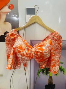 HONGDA VARIETIES New Shirt With Elastane And Can Be Tied At The Back With Print - 橘色 - 查看 1