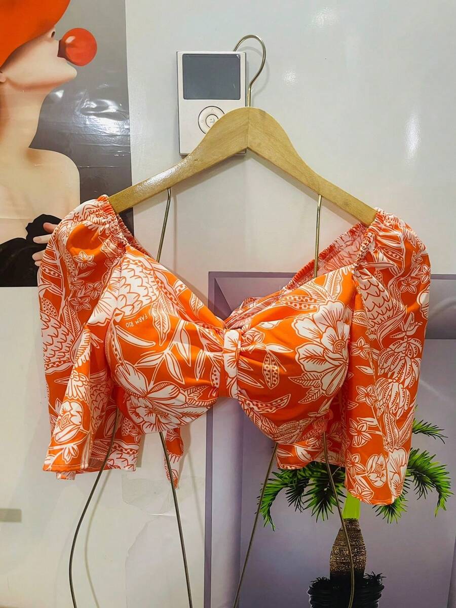 HONGDA VARIETIES New Shirt With Elastane And Can Be Tied At The Back With Print - 橘色 - 查看 1