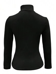 Elegant Solid Color Long Sleeve Turtleneck Slim Fit T-Shirt, Suitable For Spring And Autumn - Black - View 5