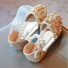 1Pair Girls Leather Shoes Fashion Sequins Bead Non-Slip Kids Princess Shoes Flat Heels Sandals Girl Part Shoes Summer For Valentine's Day
