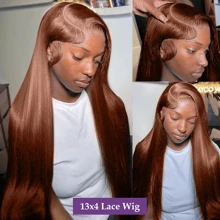 HJ WEAVE BEAUTY Perruques marron chocolat 13x4 Lace Front Wig, cheveux humains naturels, perruques brésiliennes lisses pour femmes, pré-épilées, aspect naturel avec cheveux de bébé, densité 180