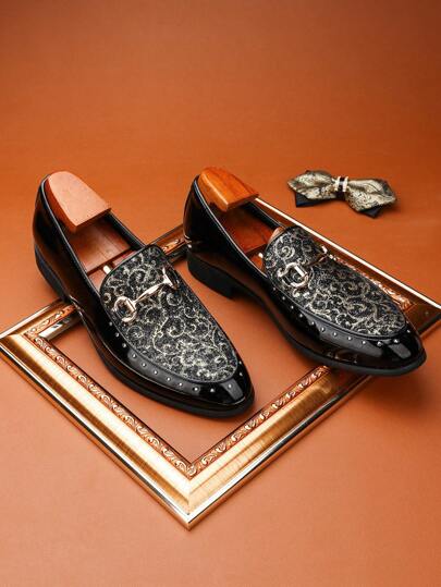 Men Colorful Pattern Design Loafer Shoes With Sequin Elements, Low Top Slip-On Soft Leather Soft Bottom Comfortable Casual Shoes, Pointed Toe Business Dress Formal Shoes, Suitable For Ball, Wedding Party, Work, Fashion, Size Runs Small Please Select According To Foot Length