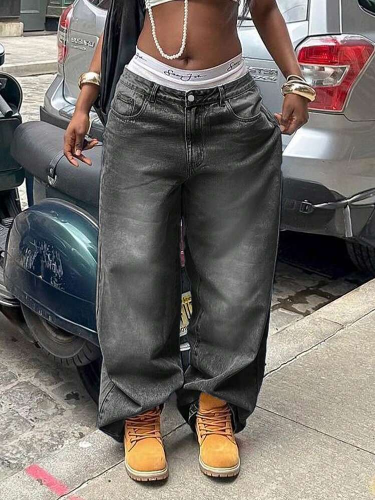 Women's Vacation Style Y2K Washed Distressed Wide Leg Jeans Casual Spring - Grey - View 5