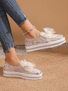 Women's Elegant Spring/Summer Mesh Breathable Handmade Casual Sneakers, Handwoven Floral Decor Round Toe Design Flat, Suitable For Vacation, Party, Apartment Comfortable Shoes, Beige Color Beach Wedding Fashion Slip-On Shoes, Autumn - Beige - View 4