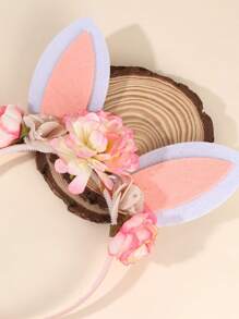 1pc Happy Easter Headband With Flower Decor,Cute Pink And White Rabbit Ears Party Costume Headdress For Party Supplies,Photo Props Hairband.
