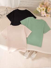 3pcs Girls Casual Floral Print Short Sleeve Round Neck T-Shirts, Summer - Multicolor - View 2