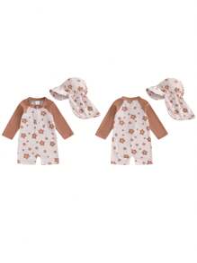 Toddler Girls Rash Guard Swimsuit With Hat 2 Pcs Set Flower Pattern Zip Up Long Sleeve Crew Neck Baby Girls Swimwears - Khaki - View 8