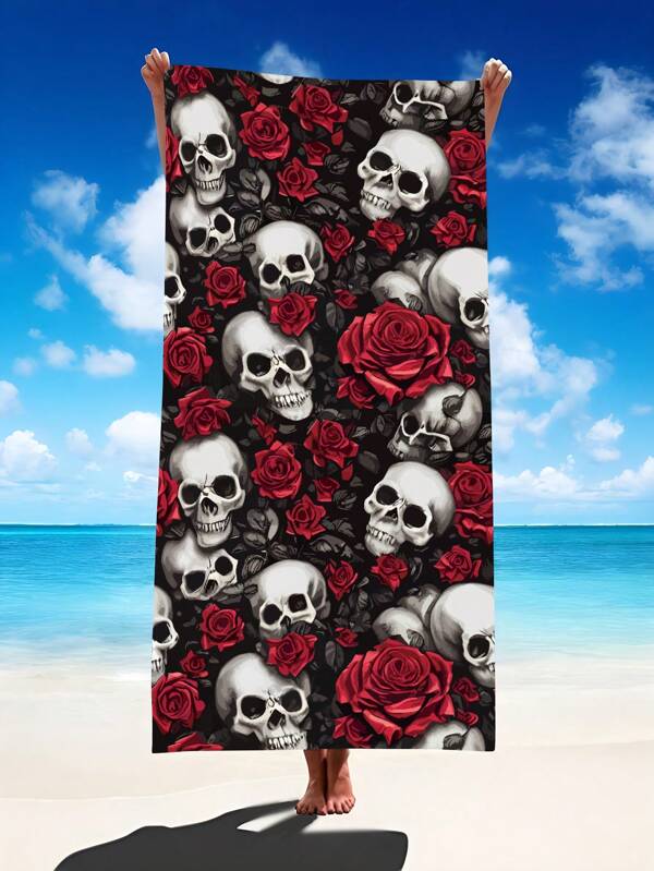 1pc Rose Skull Beach Blanket, Extra Soft Microfiber Super Large Beach Towel, Highly Absorbent Bath Towel, Suitable For Travel, Pool, Diving, Surfing, Yoga, Camping, Available In Adult And Sizes, Beach Accessories Summer, Holiday Bathroom Decor Beach Essentials
