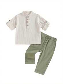 Toddler Boys Cotton Linen Outfits Buttons Short Sleeve Shirts And Elastic Waist Long Pants 2Pcs Clothes Set - 軍綠色 - 查看 1