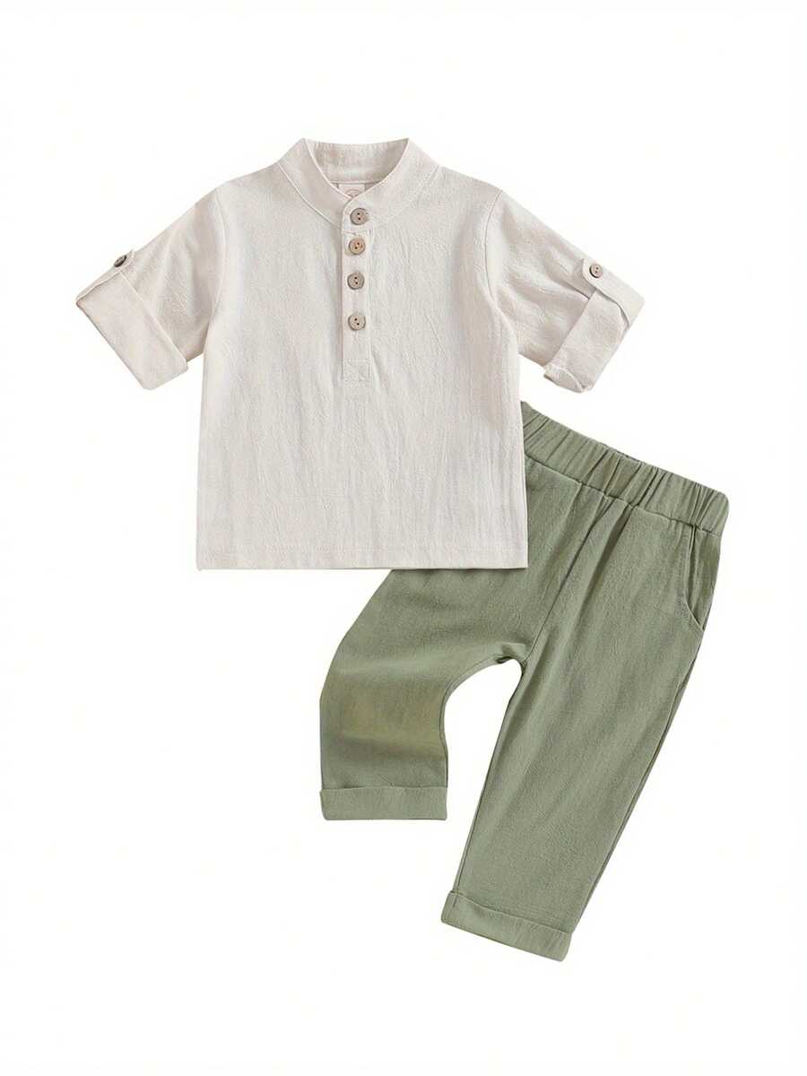 Toddler Boys Cotton Linen Outfits Buttons Short Sleeve Shirts And Elastic Waist Long Pants 2Pcs Clothes Set - 軍綠色 - 查看 1