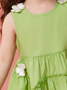 Young Girls' Sleeveless A-Line Dress With Floral Embellishment, Breathable & Moisture-Wicking, Summer - Green - View 10