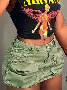 Womens Cargo Skirt Low Waist Button Denim Mini Skirt Summer Y2k Jean Skirt With Flap Pockets - 綠色 - 查看 5