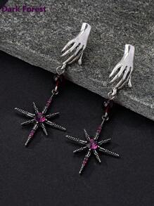 1 pereche de cercei de modă în stil gotic-hiphop pentru femei, metal în formă de mână, cu pandantiv stea, strasuri din sticlă violet încrustate, potriviti pentru banchete, petreceri, festivaluri și ținute zilnice