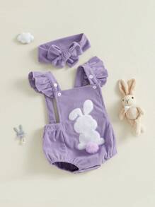 Baby Girl Easter Casual Romper Flying Sleeve Bunny Embroidery Romper With Headband - Purple - View 3