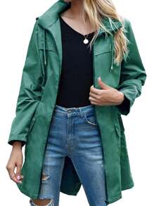 Women Light Rain Jacket Waterproof Active Outdoor Trench Raincoat With Hood Ladies Lightweight Windproof Windbreaker - 墨綠色 - 查看 2