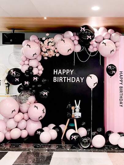 85 个气球和 20 个蝴蝶结、黑色和粉色气球拱门套装、马卡龙粉色和黑色气球、粉色黑色蝴蝶结派对装饰、18 英寸 10 英寸 5 英寸黑色和粉色气球，适合婚礼新娘送礼会周年生日派对