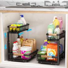 Rangement sous Évier Cuisine Lot de 2, Acier Inoxydable Rangement et Organisation de Cuisine avec 2 Tiroir Coulissant, Hauteur réglable Meuble Étagère de Rangement Placard Organisateur - 2 - Voir 1