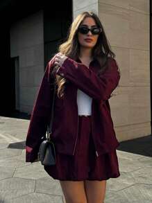 女士秋季新款时尚外套酒红色翻领长袖口袋拉链女式街头风格夹克 - 酒紅色 - 查看 10