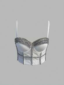 Rhinestone Bustier Crop Corset Cami Top - White - View 1