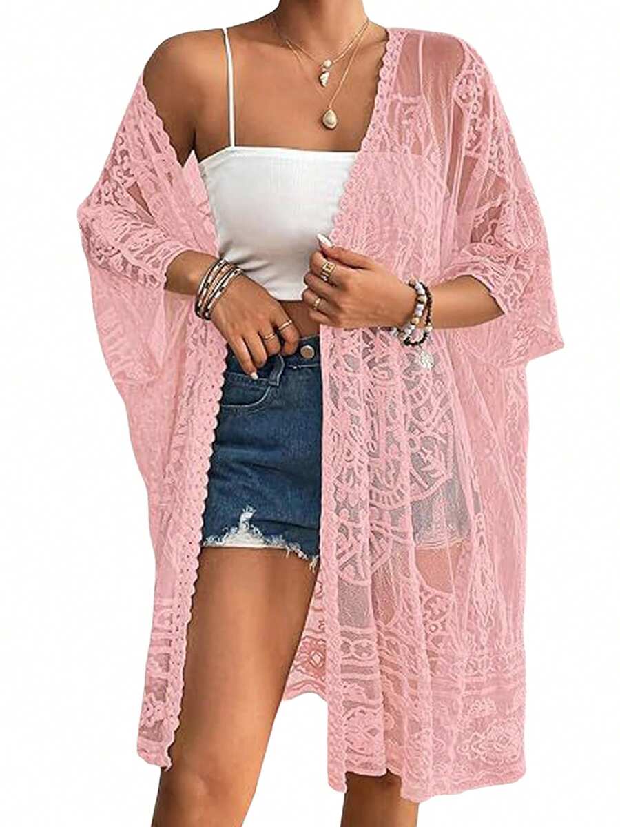 Chic Women's Lace Bikini Cover-Up: 3/4 Sleeves Open Front Sheer Mesh Crochet Kimono Cardigan Perfect For Pool Parties  Beach Days - Hồng - Xem 1