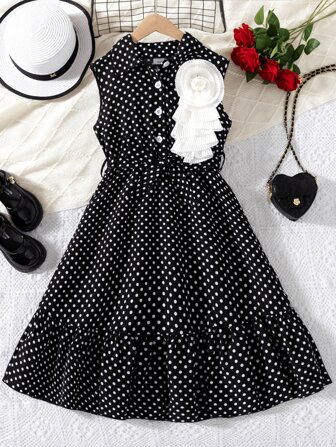 Tween 女童春夏休闲波尔卡圆点连衣裙，舒适编织面料，无袖，撞色设计，大白色花卉装饰，衬衫式上衣，荷叶边中长连衣裙，适合休闲优雅的日常穿着