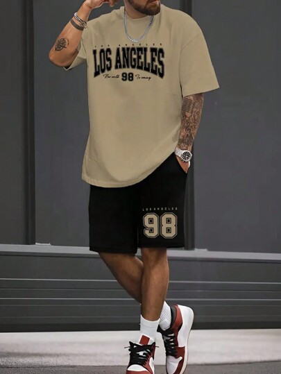 Kit Camiseta Caqui + Bermuda de Moletom Modelo "Los Angeles New World" Estilo Tumblr Moderno - LANÇAMENTO/PROMOÇÃO ESPECIAL