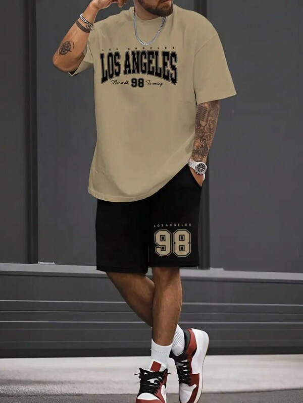 Kit Camiseta Caqui + Bermuda de Moletom Modelo "Los Angeles New World" Estilo Tumblr Moderno - LANÇAMENTO/PROMOÇÃO ESPECIAL