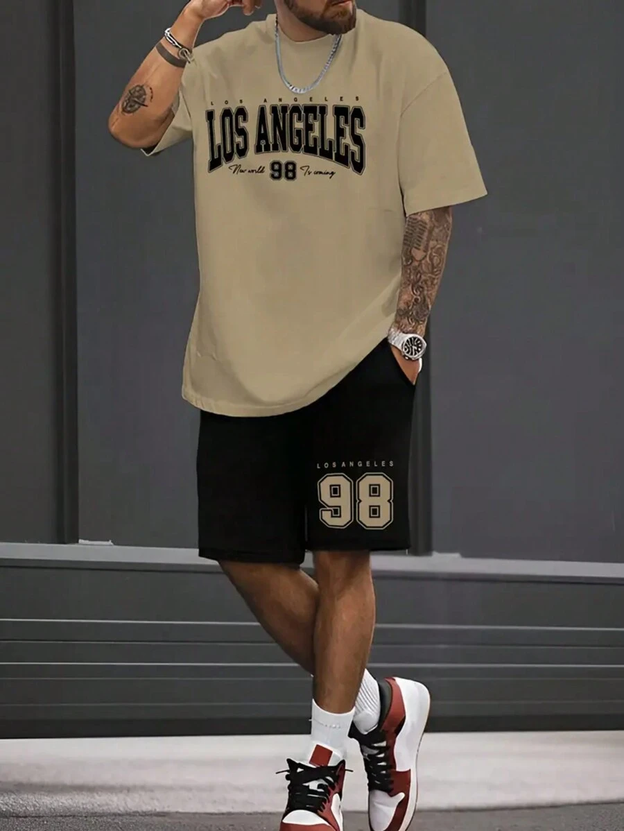 Kit Camiseta Caqui + Bermuda de Moletom Modelo "Los Angeles New World" Estilo Tumblr Moderno - LANÇAMENTO/PROMOÇÃO ESPECIAL - Caqui - Visão 1