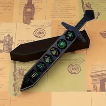 7 pièces Set de dés avec boîte de rangement en forme d'épée imprimée en 3D pour jeux de rôle sur table Donjons et Dragons, TTRPG ou autres jeux de plateau | Épée de dés unique pour la soirée de jeu estivale (bleu et violet), cadeaux pour hommes