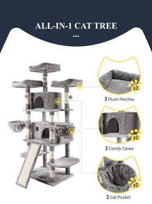 Allewie 68 Inches Multi-Level Cat Tree House With Condo, Sisal Scratching Posts, Cozy Plush Cat Perches, Hammocks, And Play Balls - Smokey Grey, Light Grey, Pink, Leopard Print – Large Cat Tower Activity Center For Indoor Cats And Kittens - Árbol Para Gatos Grandes Con Casa, Rascadores De Sisal, Perchas Acolchadas, Hamacas Y Juguetes Para Gatos De Interior * Bed Frame Queen Queen Bed Frame Bed Frame Full Full Size Bed Frame King Size Bed Frame Twin Bed Frame Room Decor Home Decor Christmas Decor Bedroom Decor Valentine Day Decor Storage Living Room Decor Furniture House Decor - Xám - Xem 5