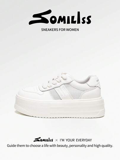 somiliss 2025 Spring/Summer New Sports Style Anti-Slip Women's Lace-Up Casual Shoes, Made Of Microfiber Leather And Mesh Upper, Breathable And Comfortable, Low-Top Thick-Sole Sneakers, 5cm Platform, Outdoor Leisure Sports Shoes, White