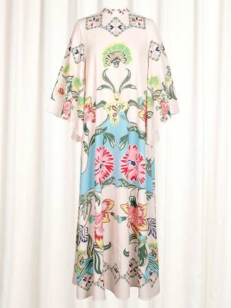 斋月长袍长袖宽松复古印花连衣裙