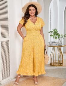 Yesfashion Womens Plus Size Loose Jumpsuits Summer Short Sleeve One Piece Outfit Elastic Waist Wide Leg Floral Jumpsuits - Hoa màu vàng - Xem 1