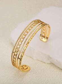 MONALLY Brazalete de acero inoxidable chapado en oro de 18K para mujeres, diseño de cadena abierta ajustable, joyería perfecta como regalo de cumpleaños para uso diario - Amarillo Oro - Ver 7